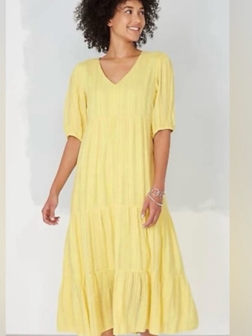 Yellow V-Neck Tiered Midi Dress size large J.Jill